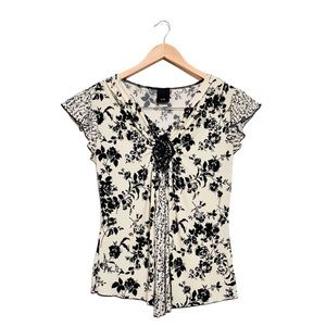 J.T.B. Floral V Neck Blouse Short Flutter Sleeve Ruched Cream Black Size Medium